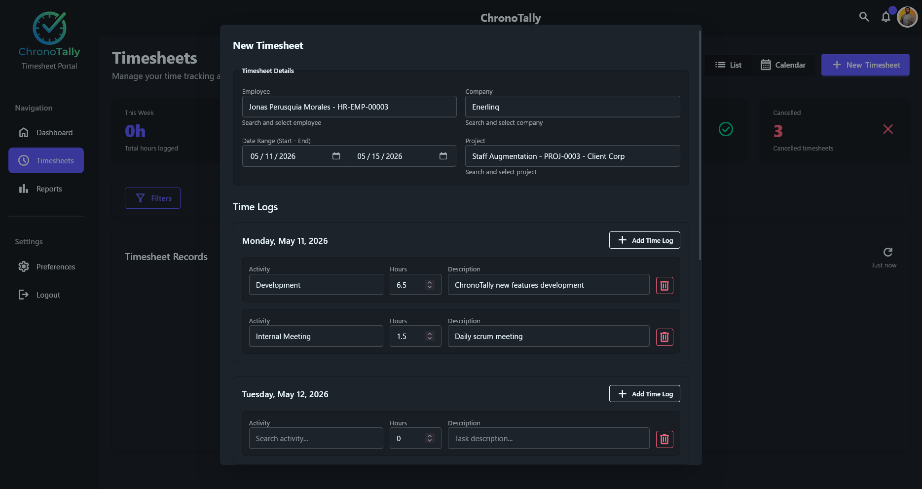 ChronoTally New Timesheet form with time logs